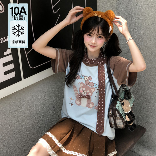 森女部落甜美宽松T恤女新款小熊猫撞色凉感学生短袖上衣夏季