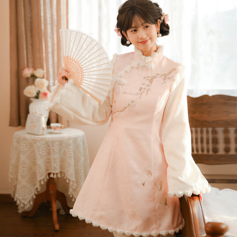 森女部落原创甜美气质粉色连衣裙掐腰古风汉元素新中式旗袍连衣裙