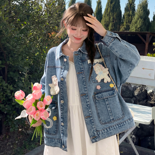 上新限时88折森女部落萌趣蕾丝拼接设计感牛仔外套女甜美宽松外搭