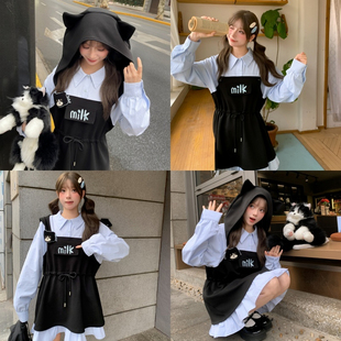 森女部落甜美风新款条纹衬衫拼接假两件设计感猫耳连帽连衣裙女春