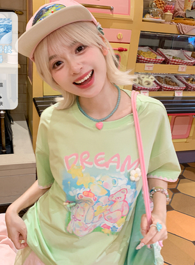 森女部落设计感卡通可爱小熊宽松绿色上衣2026夏小个子短袖T恤女