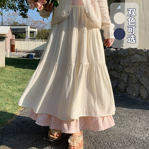森女部落甜美风双层撞色拼接设计感百搭显瘦高腰半身裙女新款夏季