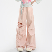 森女部落多巴胺甜美粉色阔腿裤 子 高腰直筒休闲裤 女2026新款 夏薄款