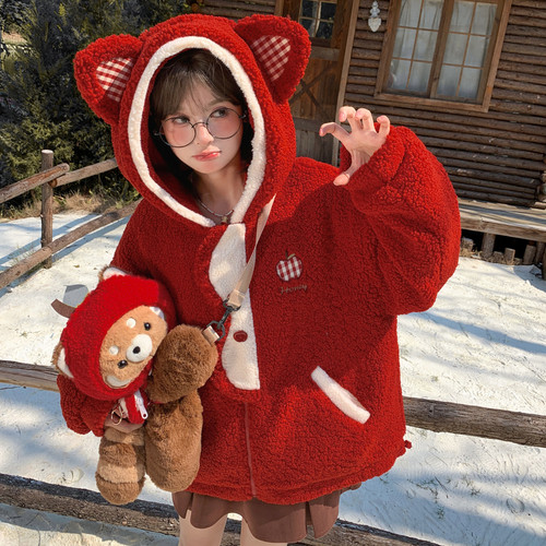 森女部落甜美猫耳连帽绒衫外套女撞色拼接毛绒设计感宽松卫衣冬季