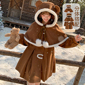 中长款 森女部落森系复古两件套连帽斗篷大衣新款 冬季 毛呢连衣裙女