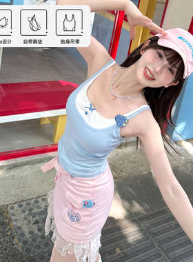 森女部落甜美风蓝白拼色休闲百搭修身吊带2025夏季穿搭外穿背心女