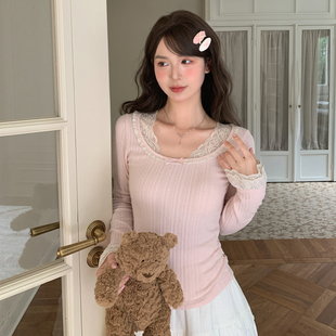 冬季 森女部落甜美风修身 花边设计感百搭打底衫 T恤女2025新款 长袖