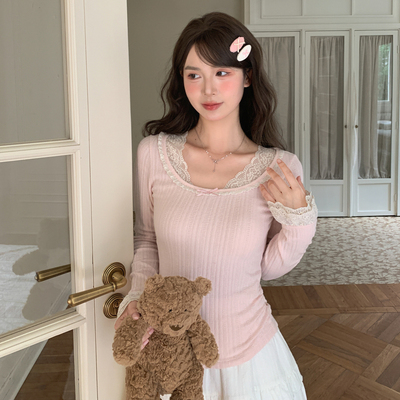 森女部落甜美风修身长袖T恤女2025新款花边设计感百搭打底衫冬季