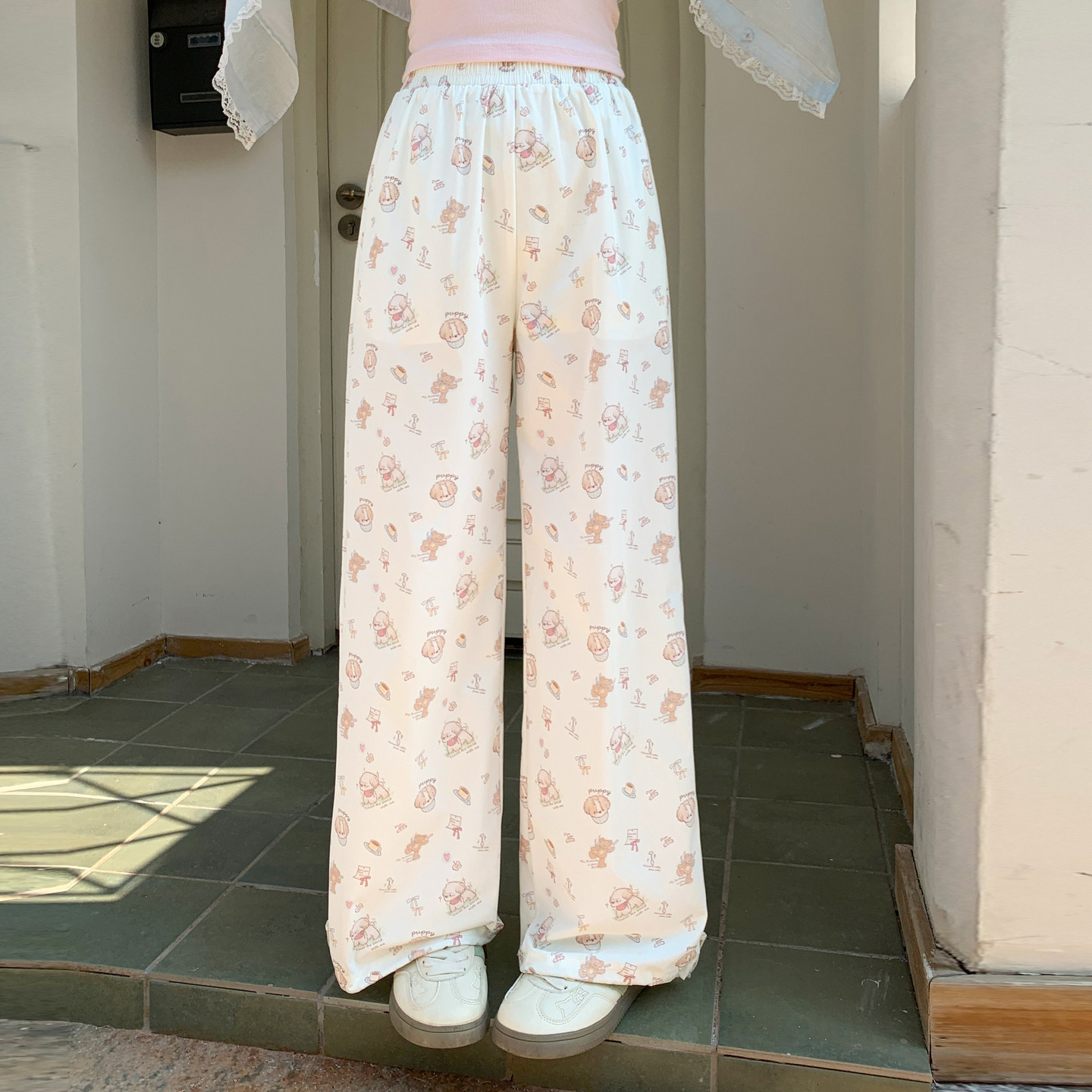 森女部落甜美风卡通印花白色裤子女2026新款设计百搭高腰直筒裤夏