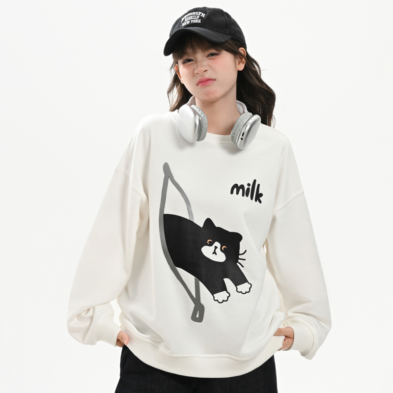 可爱猫咪印花宽松百搭长袖卫衣女