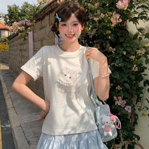 甜美印花白色短袖t恤女夏季上衣
