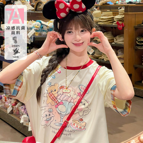 多巴胺撞色T恤夏宽松印花设计感