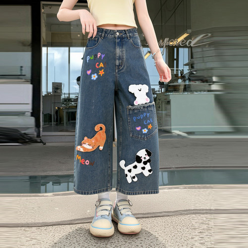 森女部落甜美风百搭卡通刺绣七分高腰牛仔裤2026新款女直筒裤夏季