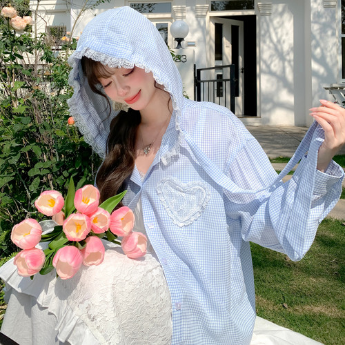 森女部落甜妹风格子连帽外套女新款蕾丝拼接设计感宽松百搭长袖夏
