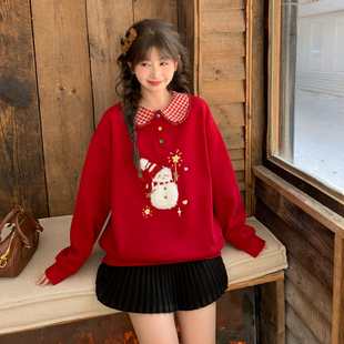 森女部落圣诞氛围感娃娃领加绒卫衣女新款 刺绣红色显白宽松上衣冬