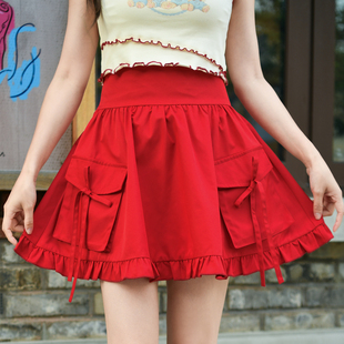 女装 森女部落原创蝴蝶结红色显白高腰伞裙半身裙2025年夏季 新款