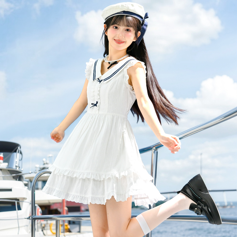 水手服白裙初恋甜美飞飞袖连衣裙