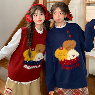 百搭宽松上衣 秋季 森女部落慵懒风可爱小狗刺绣长袖 毛衣女2025新款