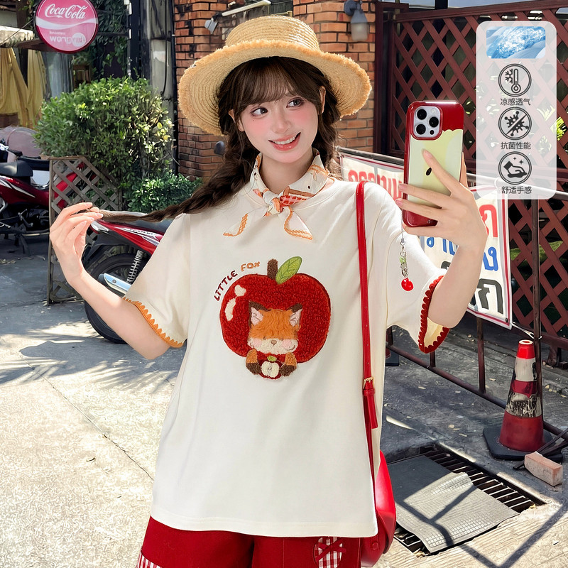 森女部落可爱短袖t恤女夏多巴胺穿搭苹果图案刺绣宽松设计感上衣图片