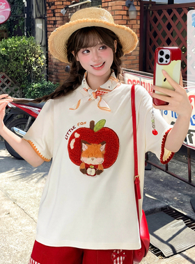 森女部落甜美圆领短袖t恤女2026新款苹果刺绣宽松设计感上衣夏季