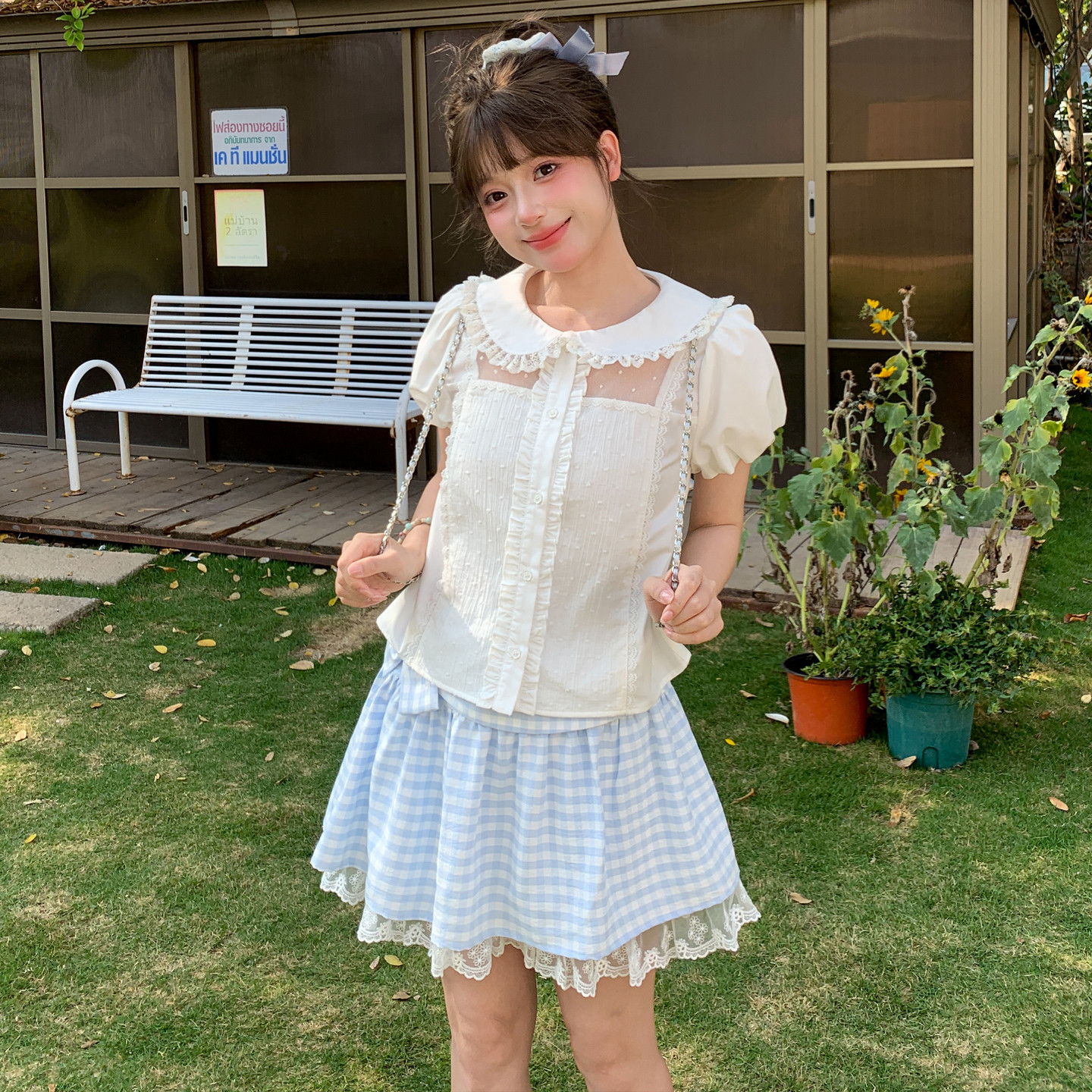 森女部落甜美风百搭镂空设计感宽松衬衫女新款宽松泡泡袖上衣夏季