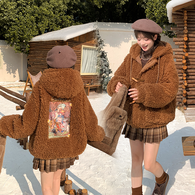 森女部落复古美拉德连帽绒衫女2025新款童话印花设计感宽松外套冬