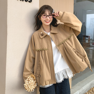 森女部落甜美风娃娃领蕾丝花边设计感宽松外套女新款纯棉短款上衣