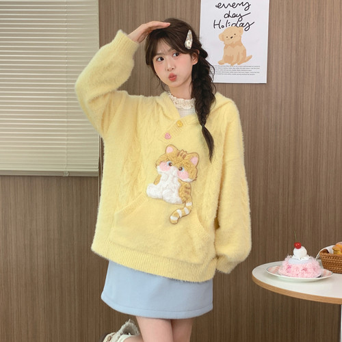森女部落甜美黄色设计感猫咪刺绣连帽毛衣女2026新款长袖宽松上衣