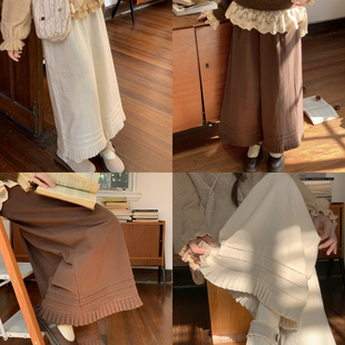 冬 米白阔腿褶皱下摆百搭九分裤 森女部落甜美垂感休闲裤 女2025新款