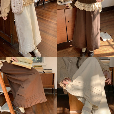 森女部落甜美垂感休闲裤女2025新款米白阔腿褶皱下摆百搭九分裤冬