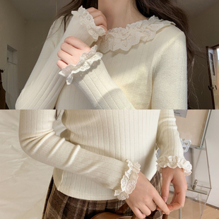T恤女冬季 坑条纹长袖 内搭 新款 森女部落甜美风蕾丝花边拼接打底衫
