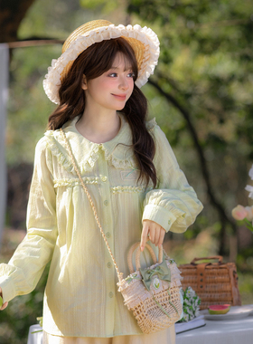 森女部落森系纯棉宽松娃娃领衬衫女新款百搭甜美小个子长袖上衣春