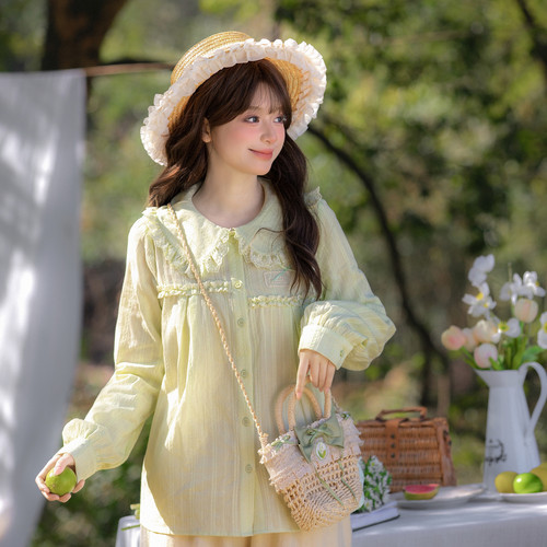 森女部落森系纯棉宽松娃娃领衬衫女新款百搭甜美小个子长袖上衣春