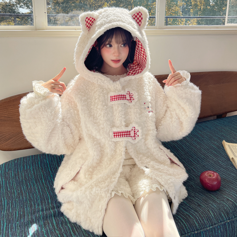 森女部落萌趣猫耳连帽绒衫外套女猫咪刺绣设计感百搭宽松卫衣冬季