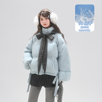 森女部落甜美风90%绒子白鸭绒羽绒服女25冬新款拼接保暖宽松外套