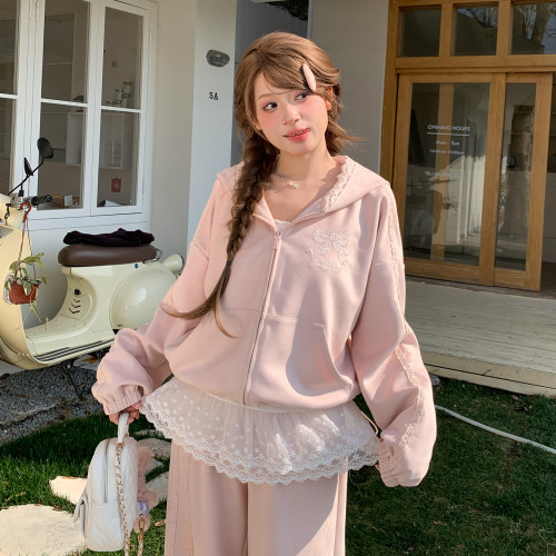 森女部落软妹风蕾丝拼接设计感宽松连帽外套女2026新款百搭上衣春