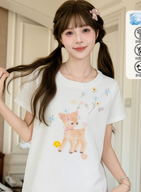 森女部落甜美风百搭凉感抗菌T恤女2026新款小鹿印花圆领短袖上衣