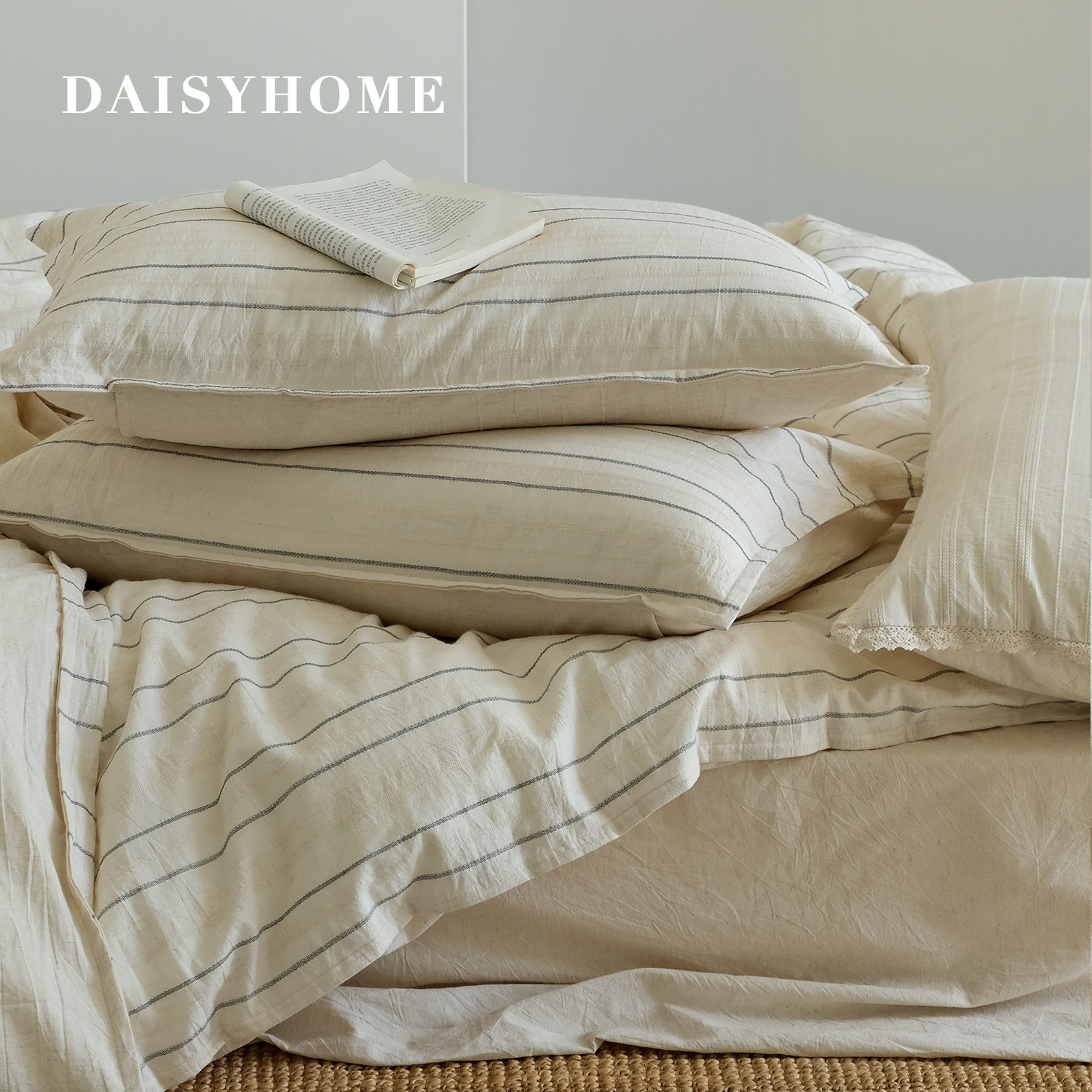 DAISYHOME白川黑律2026早春新品棉麻混纺条纹提花侘寂被套四件套
