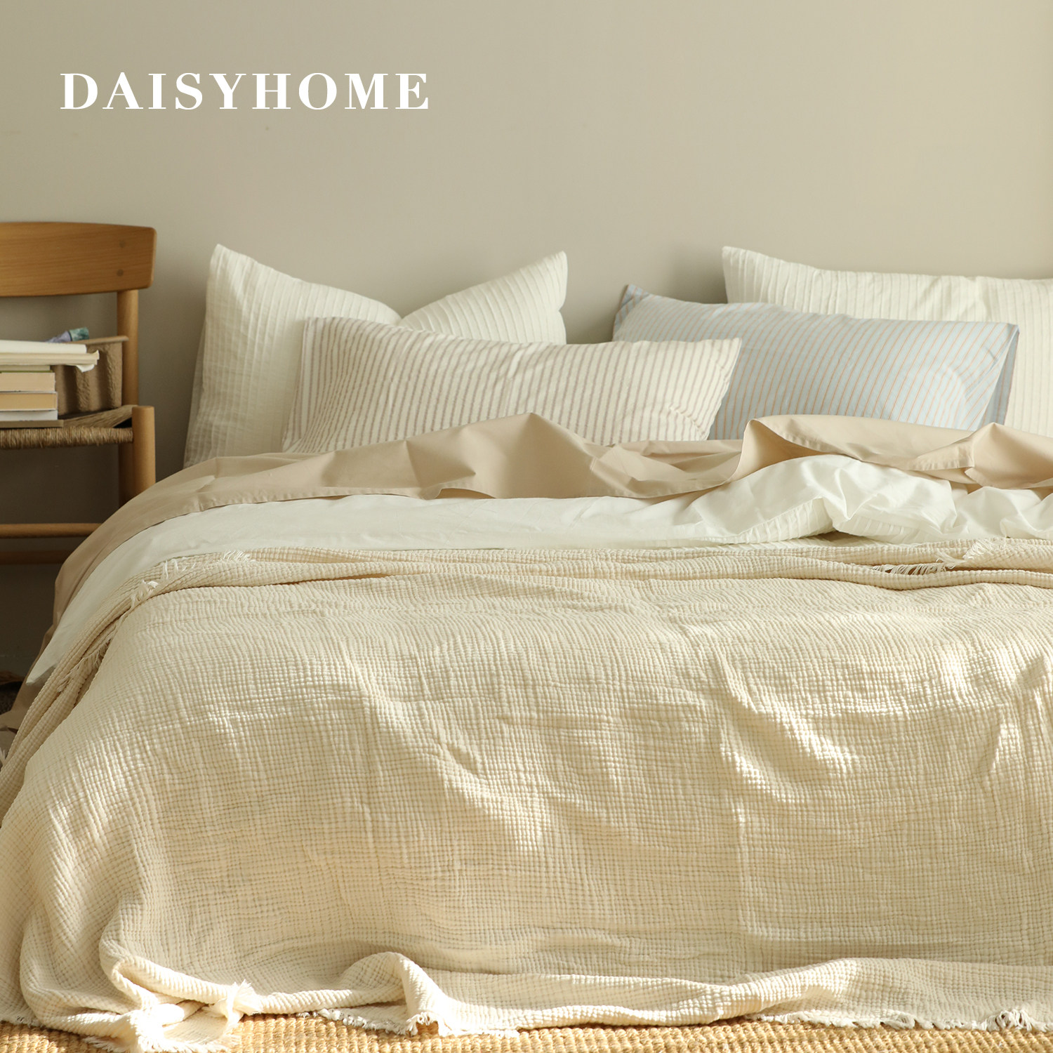 DAISYHOME北欧风纯色超软褶皱感全棉四层纱流苏盖毯沙发午休毯子,床上用品,休闲毯/毛毯/绒毯,淘宝优惠券,粉丝福利购,淘宝优惠卷