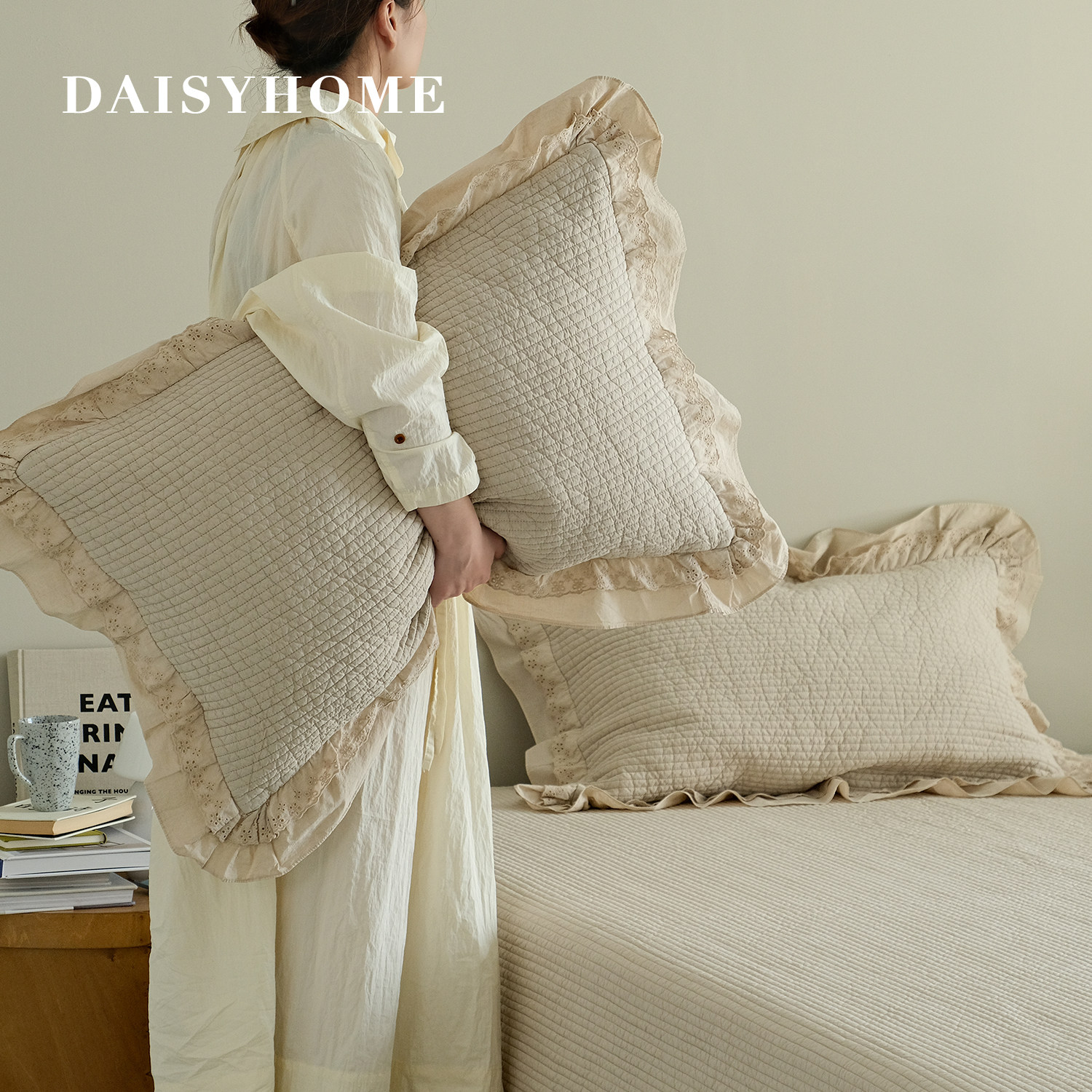 韩式ins风植物染高密平纹棉砂洗纯棉绗缝双层花边夏天床盖三件套,床上用品,床盖,淘宝优惠券,粉丝福利购,淘宝优惠卷