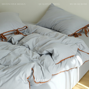 DAISYHOME远山如黛原创撞色绑带针织棉100全棉四件套亲肤裸睡床单