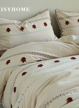 DAISYHOME剪花圣诞冬季100s磨毛纯棉色织提花安可拉红撞色四件套