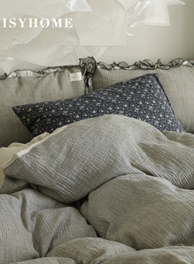 DAISYHOME谧夜柔纱法式复古荷边软糯双层纱黑灰色水洗全棉四件套