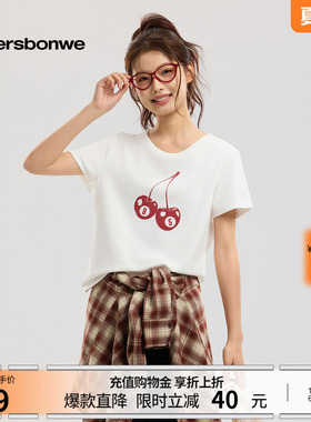 美特斯邦威t恤女2026夏季新款潮流印花圆领休闲白色针织短袖