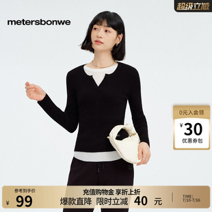 [商场同款]美特斯邦威女春新款撞色圆领拼接假两件宽松显瘦毛衫