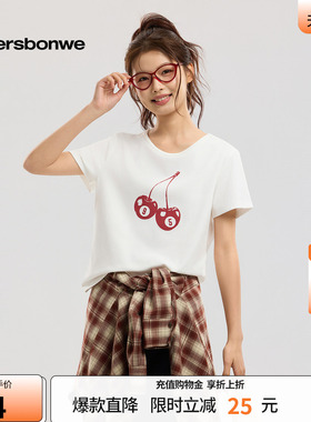 美特斯邦威t恤女2026夏季新款潮流印花圆领休闲白色针织短袖