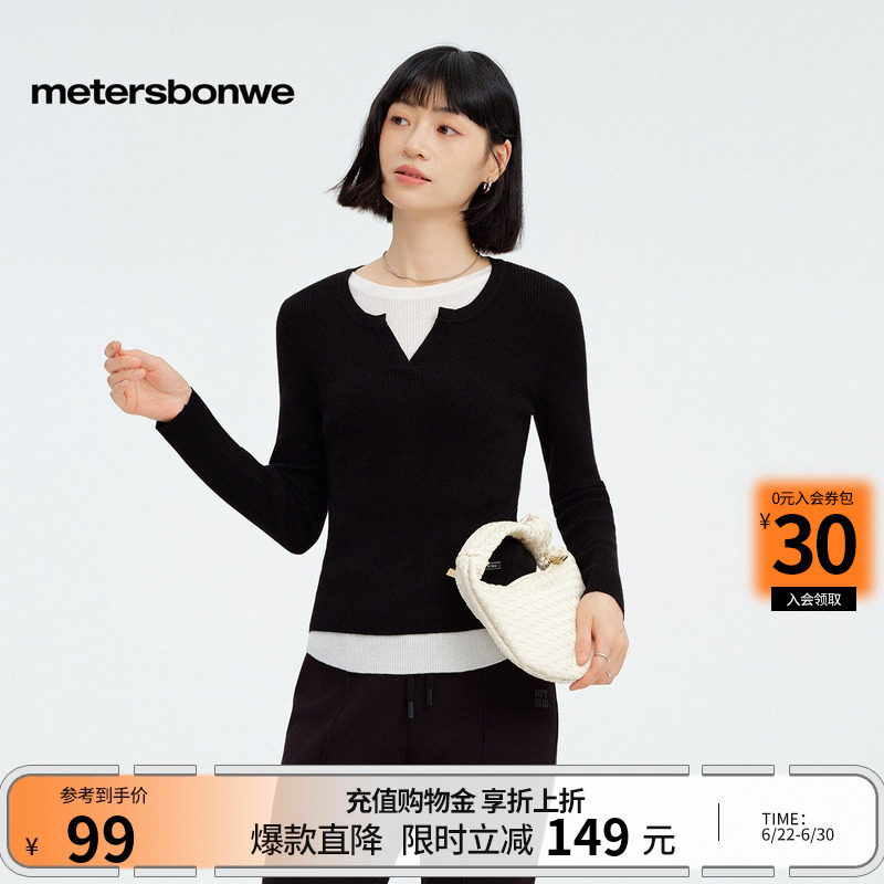 [商场同款]美特斯邦威女春新款撞色圆领拼接假两件宽松显瘦毛衫