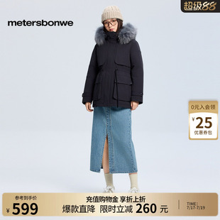 美特斯邦威羽绒服女冬季新款轻薄短款潮流派克式收腰毛领保暖棉服