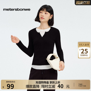 [商场同款]美特斯邦威女春新款撞色圆领拼接假两件宽松显瘦毛衫