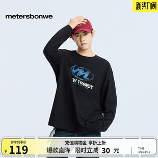 潮流宽松复古斑驳印花长袖 美式 美特斯邦威男年春新款 恤 商场同款